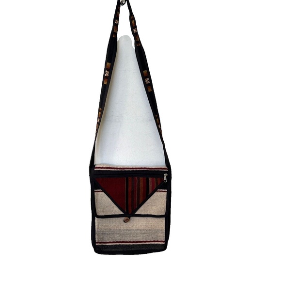 Woven Bag Mexican Boho Crossbody Front Flap w. Pocket Feels Like Wool Cream Red - Picture 2 of 7